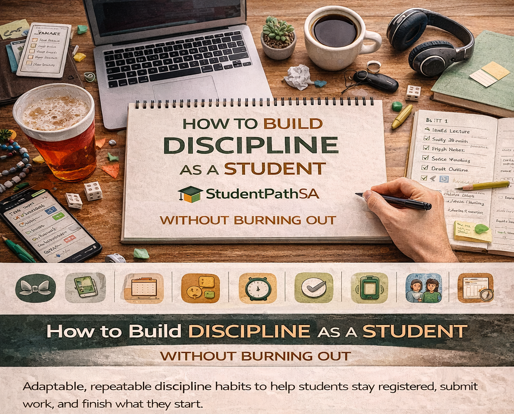 Infographic showing how to build discipline as a student without burning out, with six simple habits and study tools on a desk.