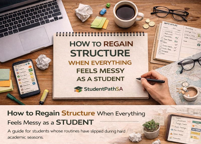 How to regain structure when everything feels messy as a student, shown through a study desk with notes, laptop, and planning tools.